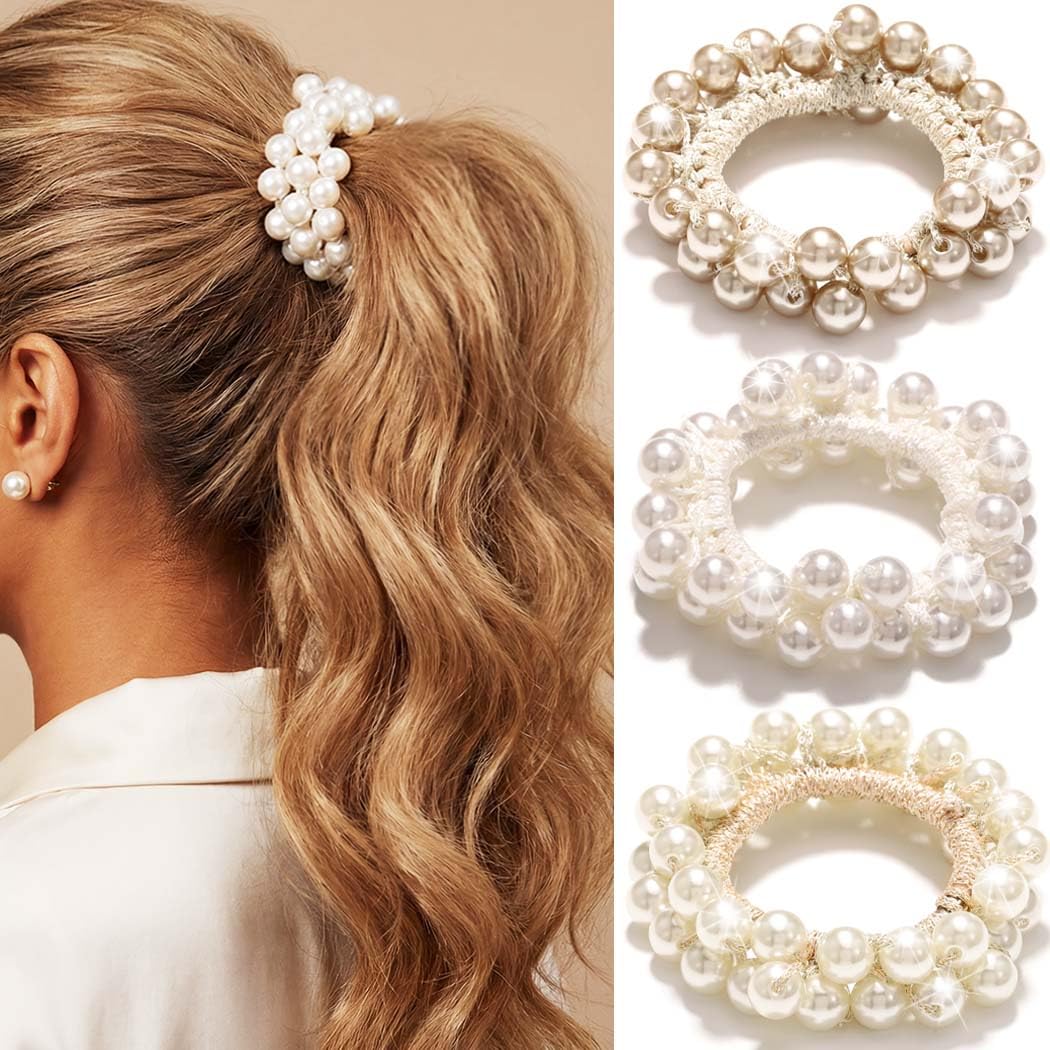 Reaky Pearl Hair Ties Beaded Fancy Hair Scrunchies Ponytail Holder Hair Accessories for Women (Champagne)