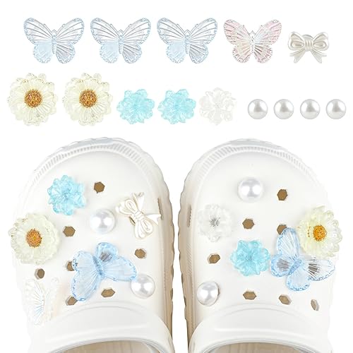 UIHRLM 14 PCS Shoe Charms, Bling Flower Butterfly Pearl Accessories for Clog Shoes, Colorful Little Bear Floral Bow DIY Shoe Decoration Charms for Women and Girls Sandals Slippers (Blue+White)