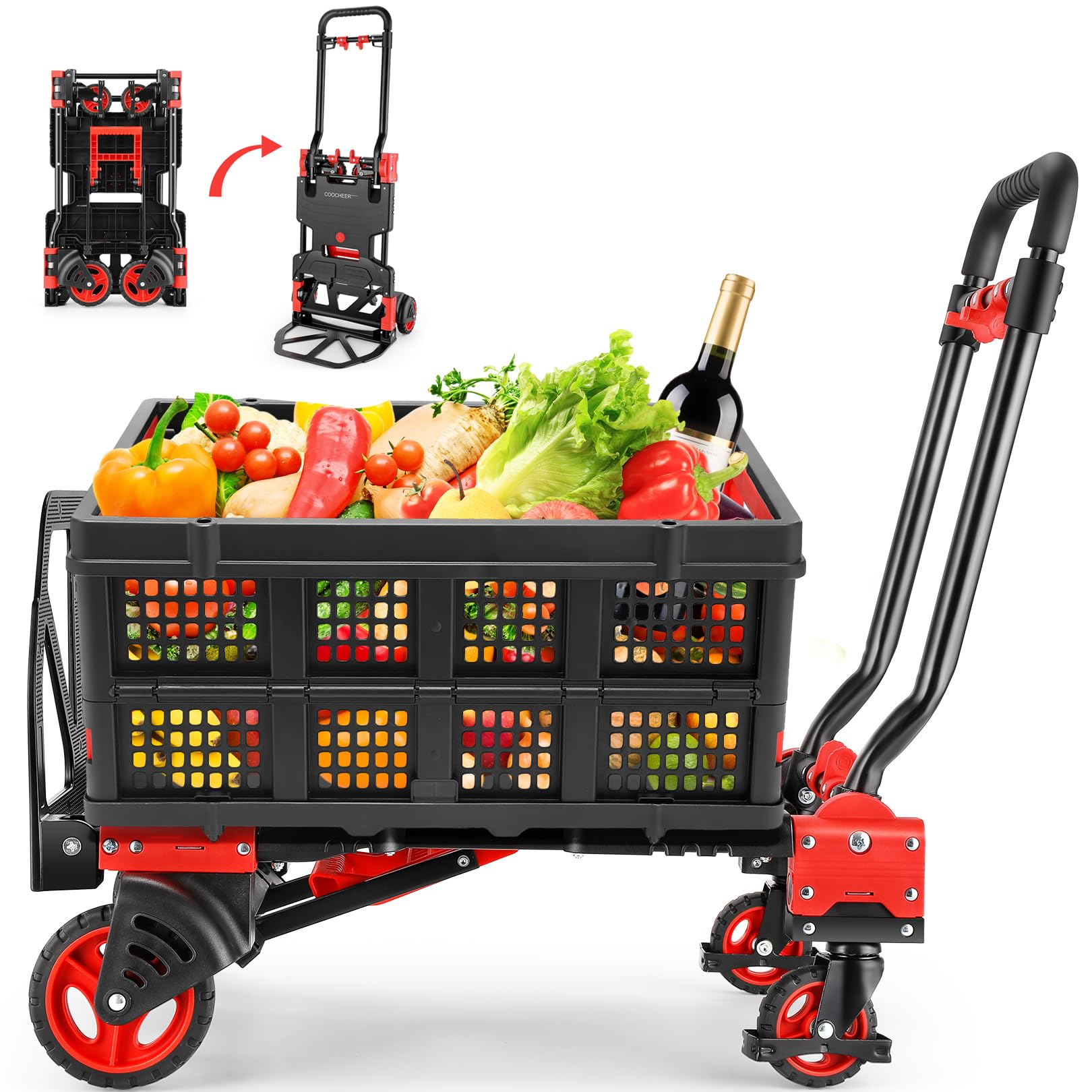 330LB Folding Hand Truck Heavy Duty Carrying, 2-in-1Hand Truck Dolly Foldable with Folding Basket, Combination of 4 Wheels and 2 Wheels Convertible Dolly Cart with Retractable Handle Dolly for Moving. Image