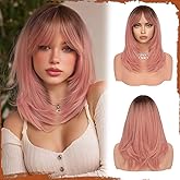 SOFEIYAN Long Straight Layered Wig Pink Wigs with Bangs 16 Inch Pink Wig with Dark Roots Natural Looking Soft Heat Resistant Synthetic Medium Length Hair Wigs for Women Daily Party Use