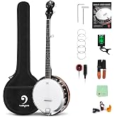 Vangoa LEFT-HANDED Banjo 5 String Mahogany Open Back Banjo with Resonator, Remo Drum Head, Geared 5th String Beginner Kit with Manual, Full Size