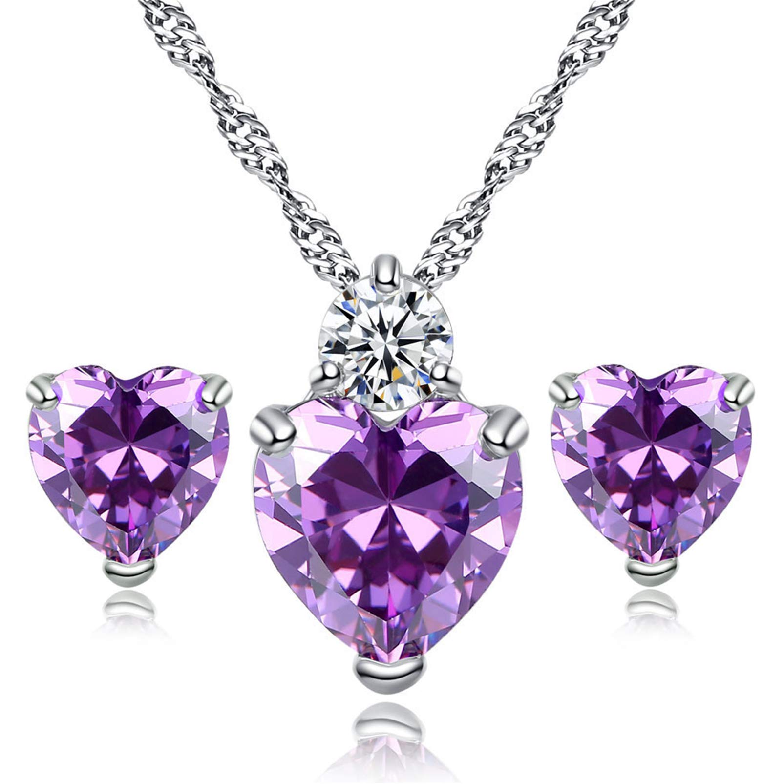 AILUOR Women White Gold Plated Simulated Purple Crystal Heart Necklace and Stud Earrings Set - Queen of Hearts Pendant Jewelry Set Silver Chain Birthstone Heart Jewelry Gifts (Purple)