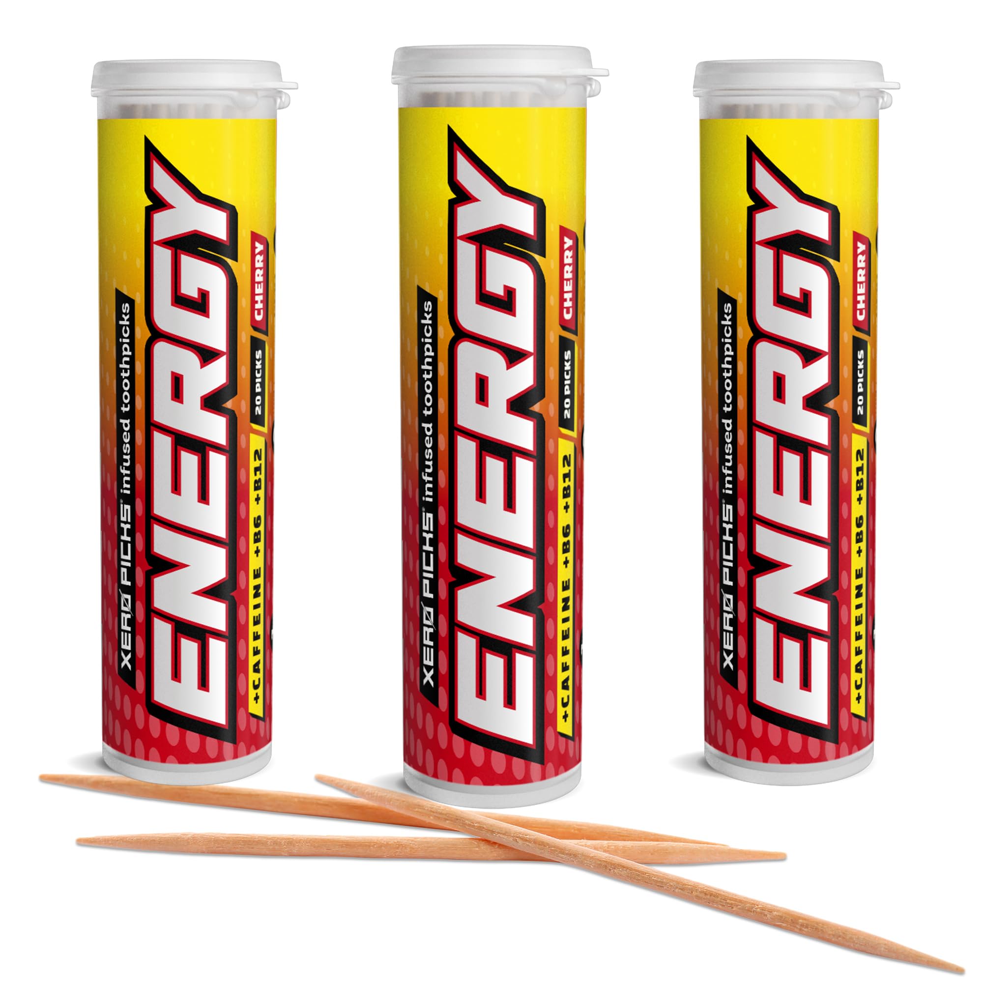 Xero Picks Energy Infused Flavored Toothpicks with Caffeine, B12 and B6 (Cherry, 3 Pack) — image 1