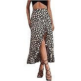 MakeMeChic Women's Boho Floral High Waisted Ruffle Skirt Split Thigh Swing Summer Maxi Long Skirt