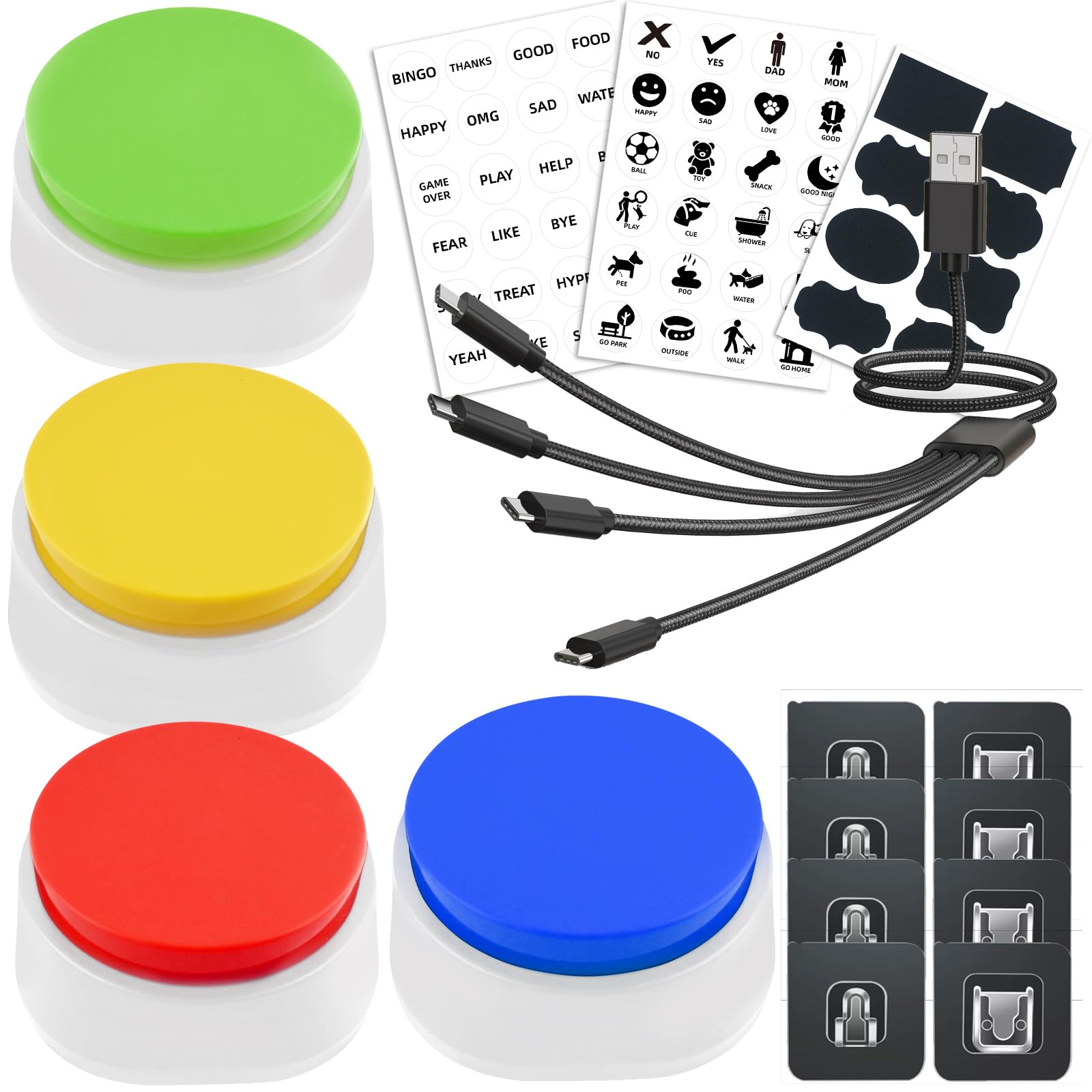 Photo 1 of GreatStyler Rechargeable Dog Buttons for Communication Voice Recording Buttons for Pets Cats Dog Training Talking Buttons Sound Button Recordable Answer Buzzer (4 Packs, Red+Yellow+Blue+Green)