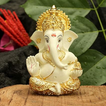 Collectible India Ganesha for Car Dashboard Ganesh Statue Gold Plated Terracotta Lord Ganpati Diwali Gifts Home Decor Figurine (Size: 3.5 x 2 inches)
