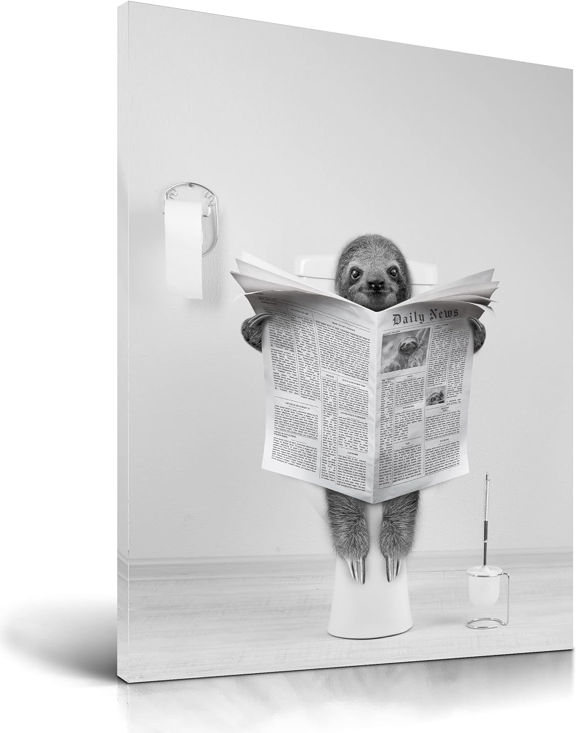 Wall Décor - UPWOIGH Funny Bathroom Wall Art Decor, Black and White Sloth Wall Art, Waterproof Wood Canvas Framed Wall Art,, Animals Reading Newapapers Abstract prints, 12x16in High-end Pictures for Bedroom Kids Room 1 Pack