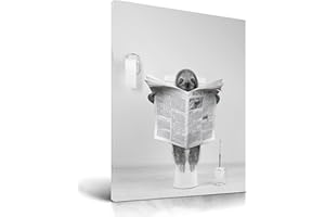 UPWOIGH Funny Bathroom Wall Decor, Black and White Sloth Wall Art, Waterproof Wood Canvas Framed Wall Art, Animals Reading Newapapers Abstract prints, 30x40cm High-end Pictures for Kids Room 1 Pack