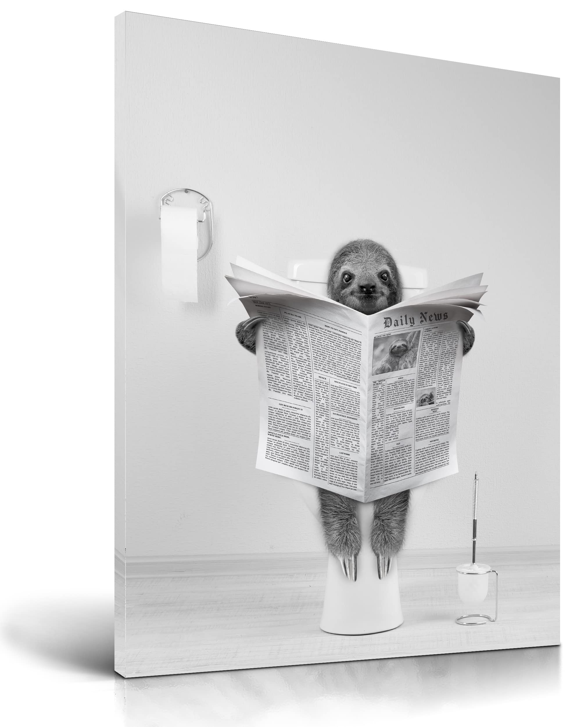 UPWOIGH Funny Bathroom Wall Decor, Black and White Sloth Wall Art, Waterproof Wood Canvas Framed Wall Art, Animals Reading Newapapers Abstract prints, 30x40cm High-end Pictures for Kids Room 1 Pack