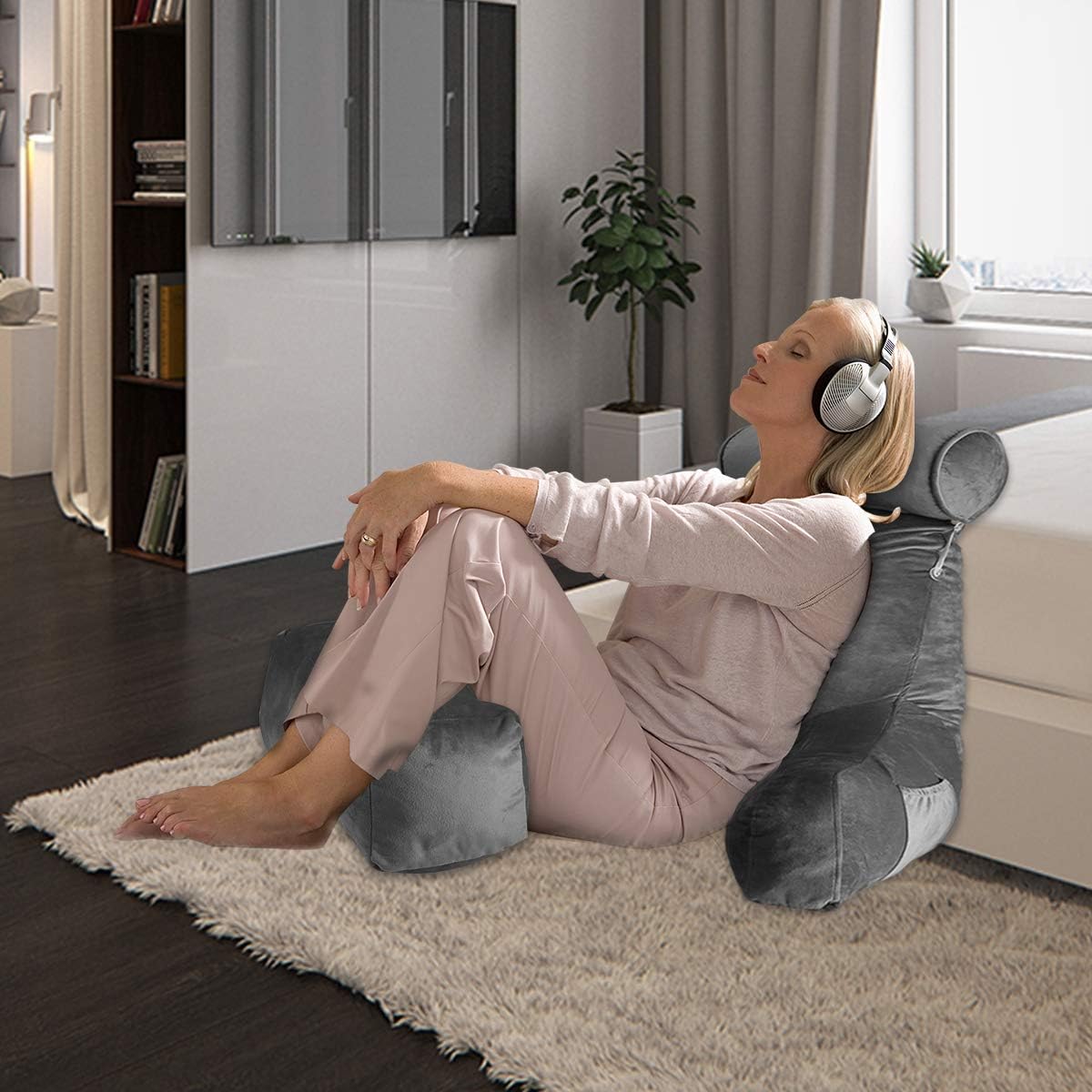 ACWARM HOME Reading Pillow, Bed Rest Pillow with Shredded Memory Foam, Support Arms, Headrest, Leg Pillow - Perfect Back Support for Reading, Relaxing for Kids & Adults (Grey): Home & Kitchen