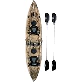 BKC Brooklyn 12.5 Tandem Fishing Kayak, 2 to 3 Person Sit-on-Top | 600 lb capacity, 2 padded seats, 2 paddles, 6 rod holders, motor-ready mount, for lakes, rivers and coastal water