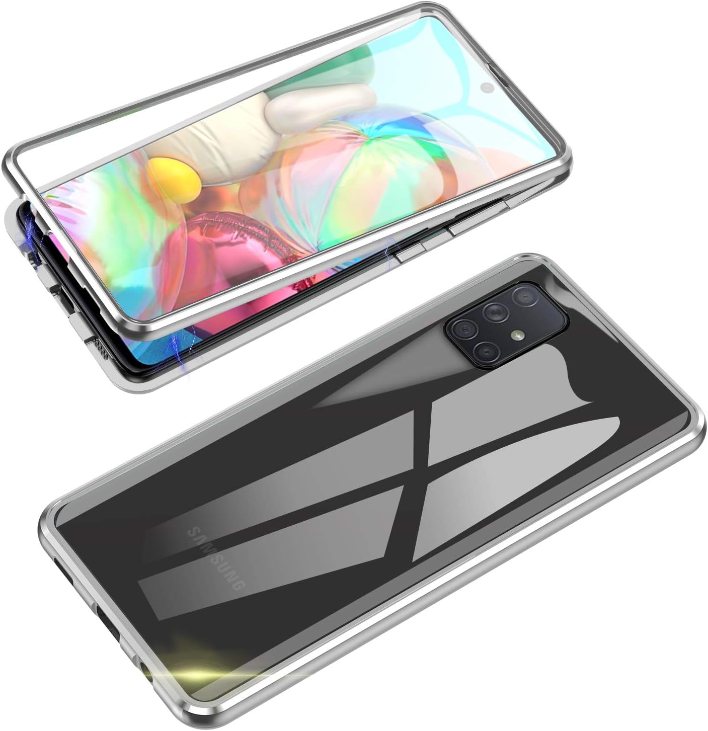 Compatible with Samsung Galaxy A71 Case, Jonwelsy 360 Degree Front and Back Transparent Tempered Glass Cover, Strong Magnetic Adsorption Technology Metal Bumper for Samsung Galaxy A71 (Silver)
