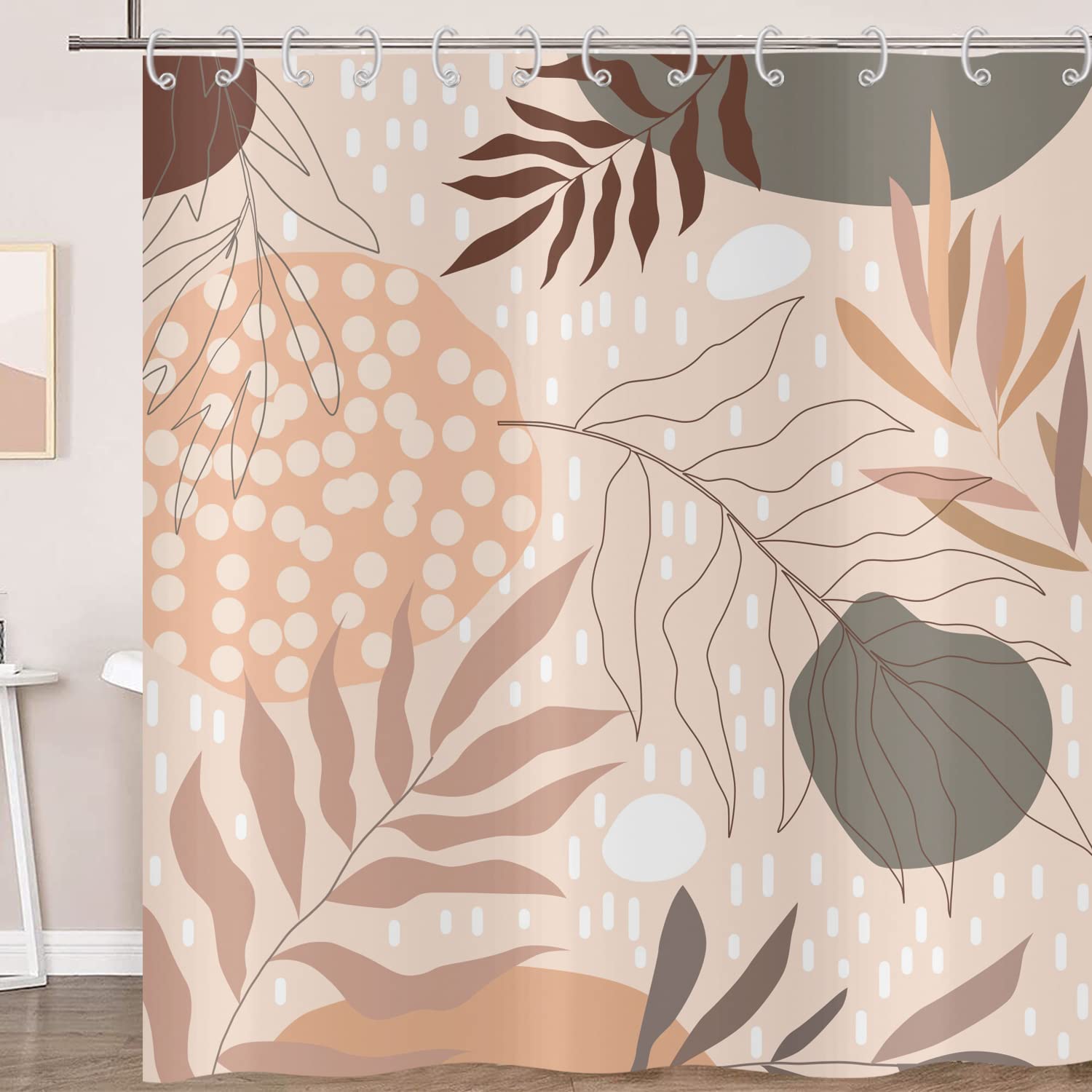 Hnmdmyi Boho Shower Curtain 180x180, Abstract Leaves Plant Beige Bathroom Curtains Mid Century Modern Geometric Minimalist Aesthetic Art Waterproof Polyester Fabric Washable Bath Curtains with Hooks