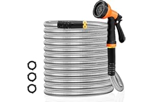 Besiter Garden Hose 50FT Stainless Steel Water Hose with 10 Functions Adjustable Spray Nozzle, Heavy-Duty Metal Garden Hose Flexible Durable No-Tangle & Kink Leak Dog Proof Hose for Yard Lawn(Orange)