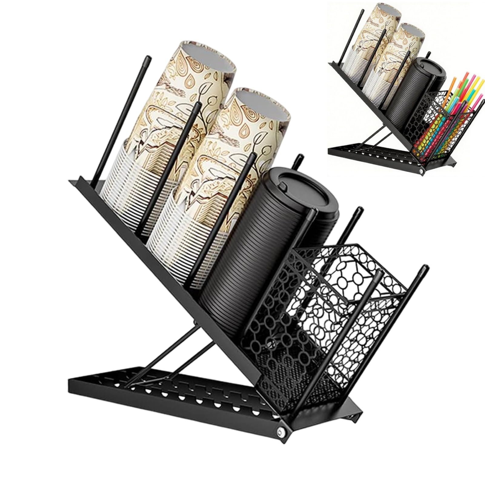 Les-Theresa Coffee Cup Holder, Cup and Lid Holder Disposable Cup Dispenser, 4 Compartment Paper Cup Dispenser with Coffee Pod Straw Storage Basket for Countertop Breakroom