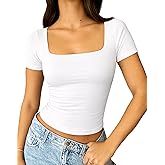 ForeFair Women's Square Neck Going Out Tops Double Lined Short Sleeve Slim Fitted Summer Basic T Shirts