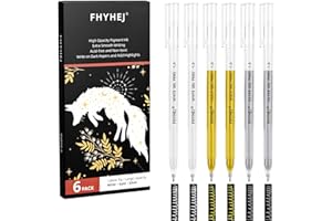 Fhyhej Gold Silver White Gel Pens,1.0mm Fine Point Gel Ink Pen Archival Ink Pens for Black Paper Drawing, Sketching, Illustration, Card Making, Bullet Journaling, 6 Pack