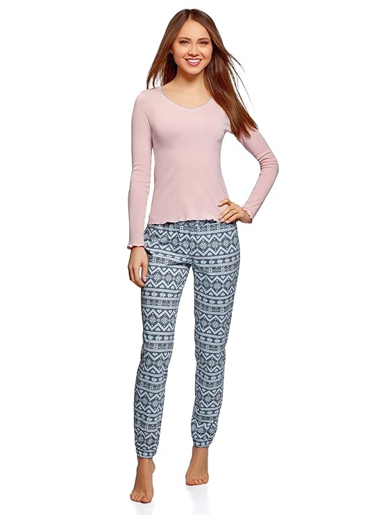 oodji Ultra Damen Baumwoll-Schlafanzug mit Pyjama-Hose