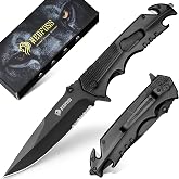 NedFoss FA48 Tactical Knife, 5-in-1 Serrated Pocket Knife for Men Women | 8Cr14Mov Steel Camping Folding Knife with Aluminum Handle, Bottle Opener, Glass Breaker, Seatbelt Cutter, Wrench, Liner-Lock