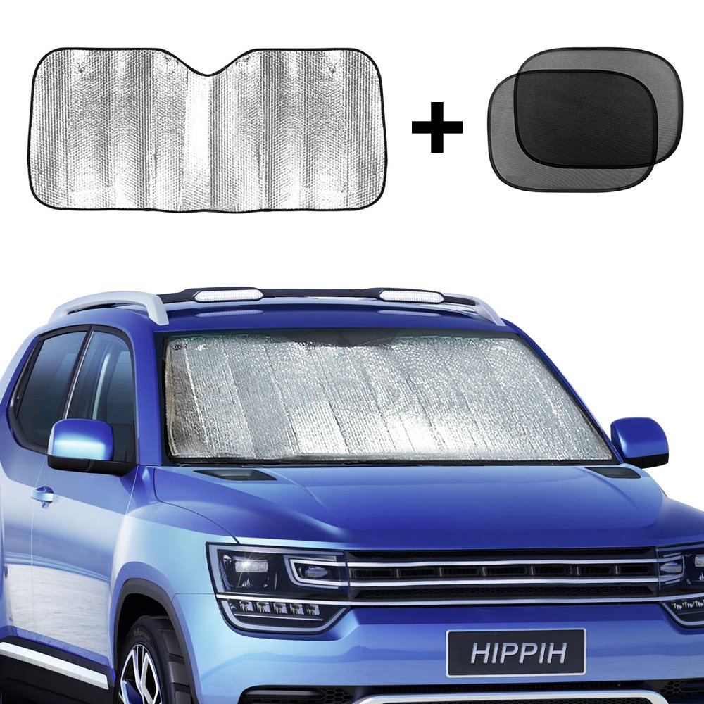Hippih Car Windshield Sunshade + Bonus Product Foldable Reflective Sun Visor Universal Fit Hassle-Free Car Sun Shade Keeps Your Vehicle Cool Excellent UV Reflector
