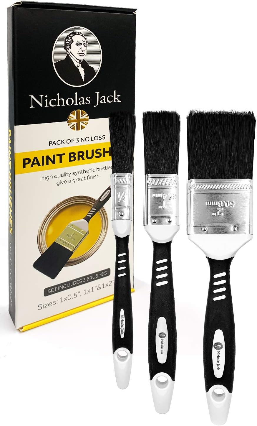 Paint Brush Set with No Bristle Loss Pack of Paint Brushes for DIY Wood Gloss Wall Furniture Indoor & Outdoor Painting - Free Decorating Guide (Set of 3 Paint Brushes)
