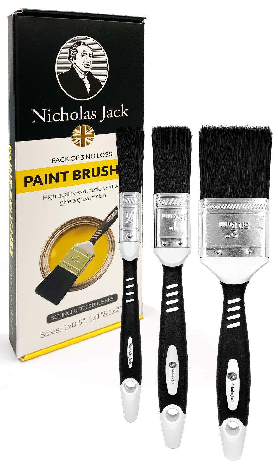 Paint Brush Set with No Bristle Loss Pack of Paint Brushes For DIY Wood Gloss Wall Furniture Indoor & Outdoor Painting - FREE Decorating Guide (Set of 3 Paint Brushes)
