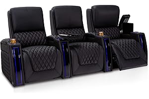 Seatcraft Apex Home Theater Seating - Living Room - Italian Leather - Power Recliner - Power Headrests & Lumbar - LED Armrests - SoundShaker - USB Charging - Cup Holders (Row of 3, Black)