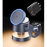 4 in 1 Wireless Charging Station,Qi2 Certified 15W Magnetic Wireless Charger Station with Night Light for iPhone17/16/15/14, Apple Watch,AirPods (Qi2-Grey)