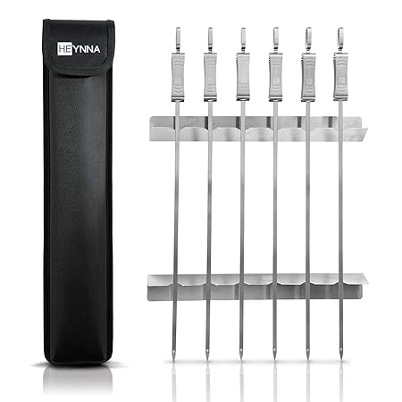 HEYNNA® Premium Grillspieße Edelstahl mit Grillgestell (8-teiliges Set) Inklusive schützende Aufbewahrungstasche - 45cm
