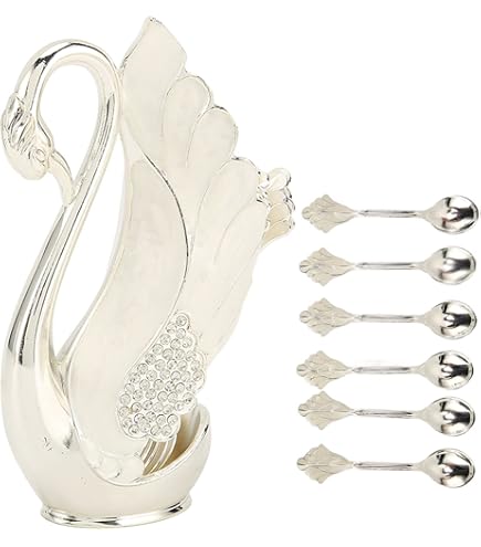 Silver Swan Spoon Holder, Metal Coffee Dessert Spoon Set Teaspoon Fruit Dessert Flatware Swan Base Holder With 6Pcs Ice Cream Spoons Teaspoons Coffee Dessert Flatware