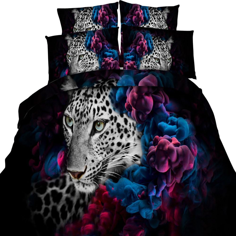HyUkoa 4 Pieces 3D 100% Cotton Bedding Sets Sexy Leopard Cheetah Animal Print Duvet Cover Set Black Bed Fashion(King Size)