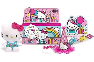 Megatoys Birthday Party Gift Set - Tin Box, Tin Pencil Case, Stickers, Birthday Necklace, Plush, and Birthday Hat. (Hello Kitty)