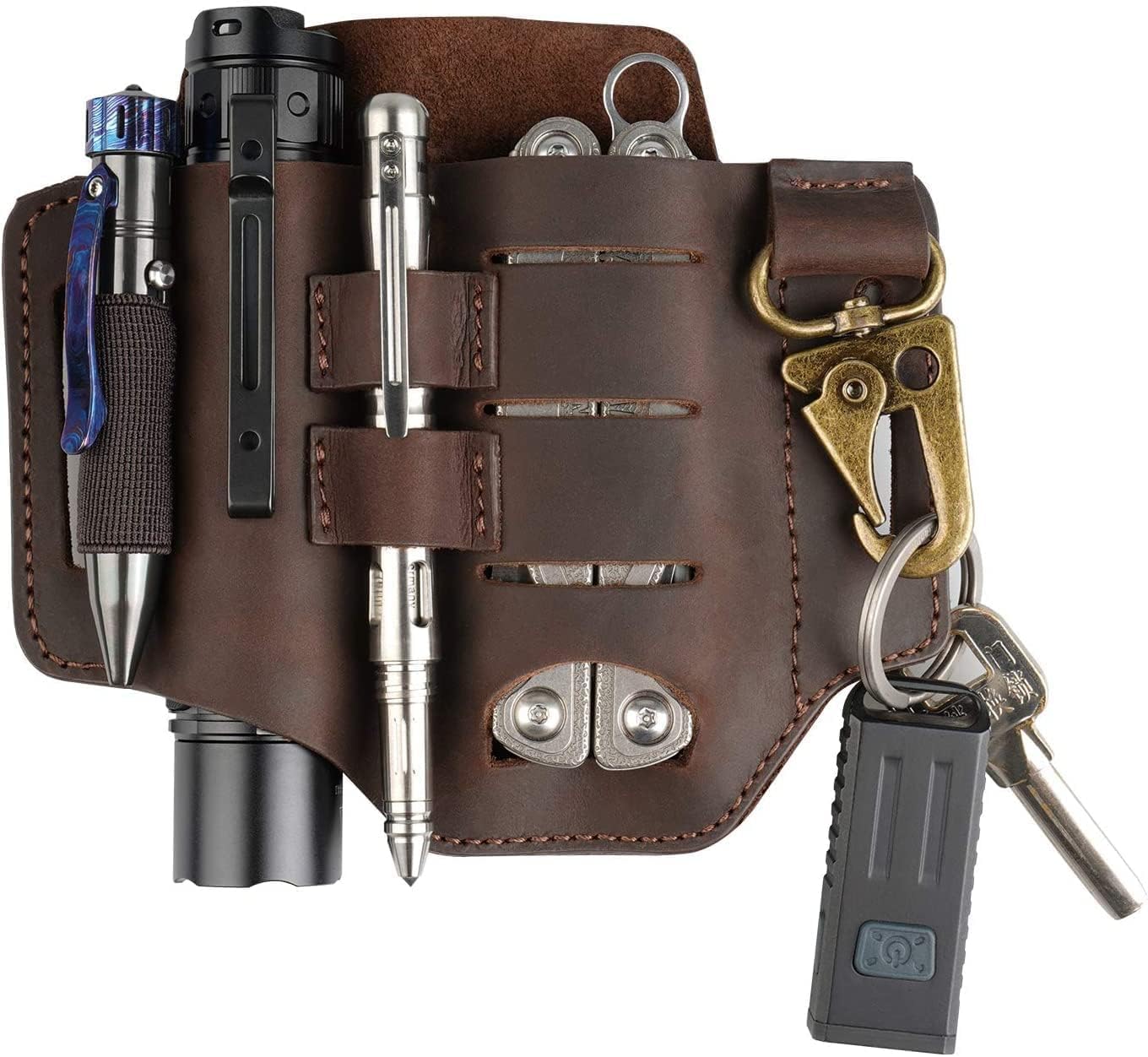 VIPERADE PJ16 EDC Leather Sheath for Belt, Flashlight Knife Holster, EDC Multitool Leather Sheath for Men, Pocket Organizer with Keychain for Flashlight Knife Pen(Brown)