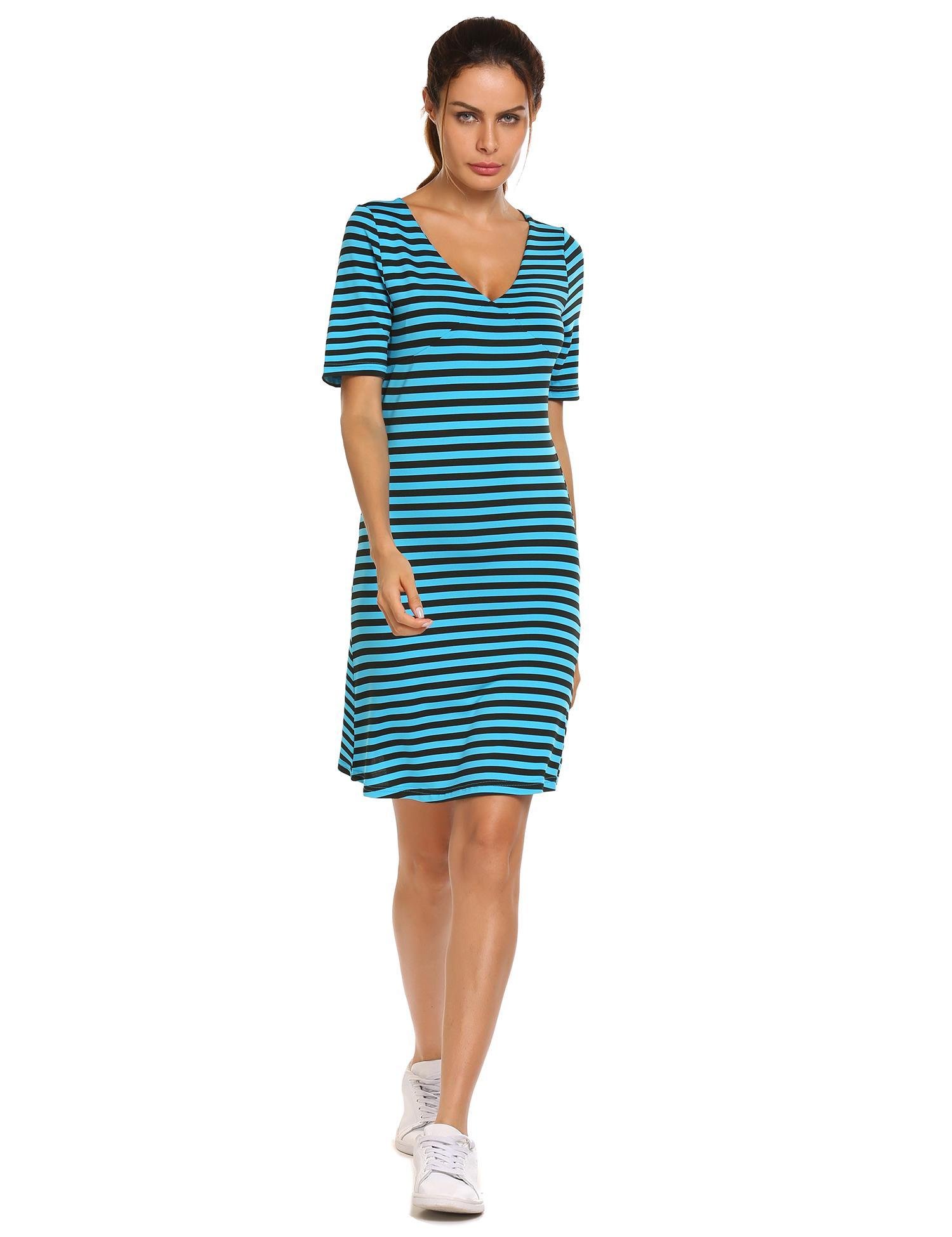 ACEVOG Damen Sommer kleid Casual V-Ausschnitt Kurzarm Streifen Shirt Jerseykleid Minikleid