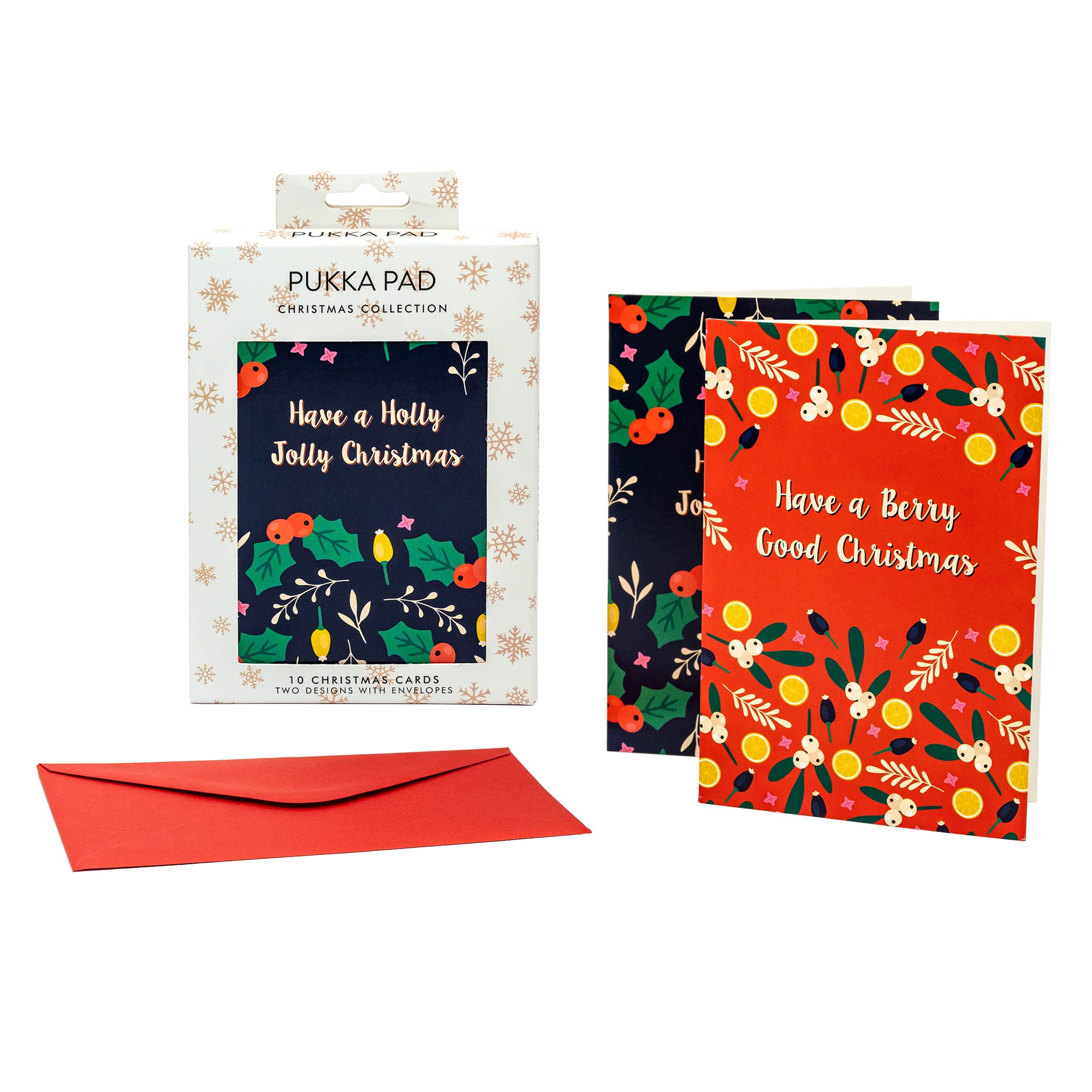 Pukka Pad A6 Christmas Cards in Holly and Mistletoe – Pack of 10 in 2 Designs with Red Envelopes – Blank Inside for Personal Message – Plastic-Free, Fully Recyclable Packaging