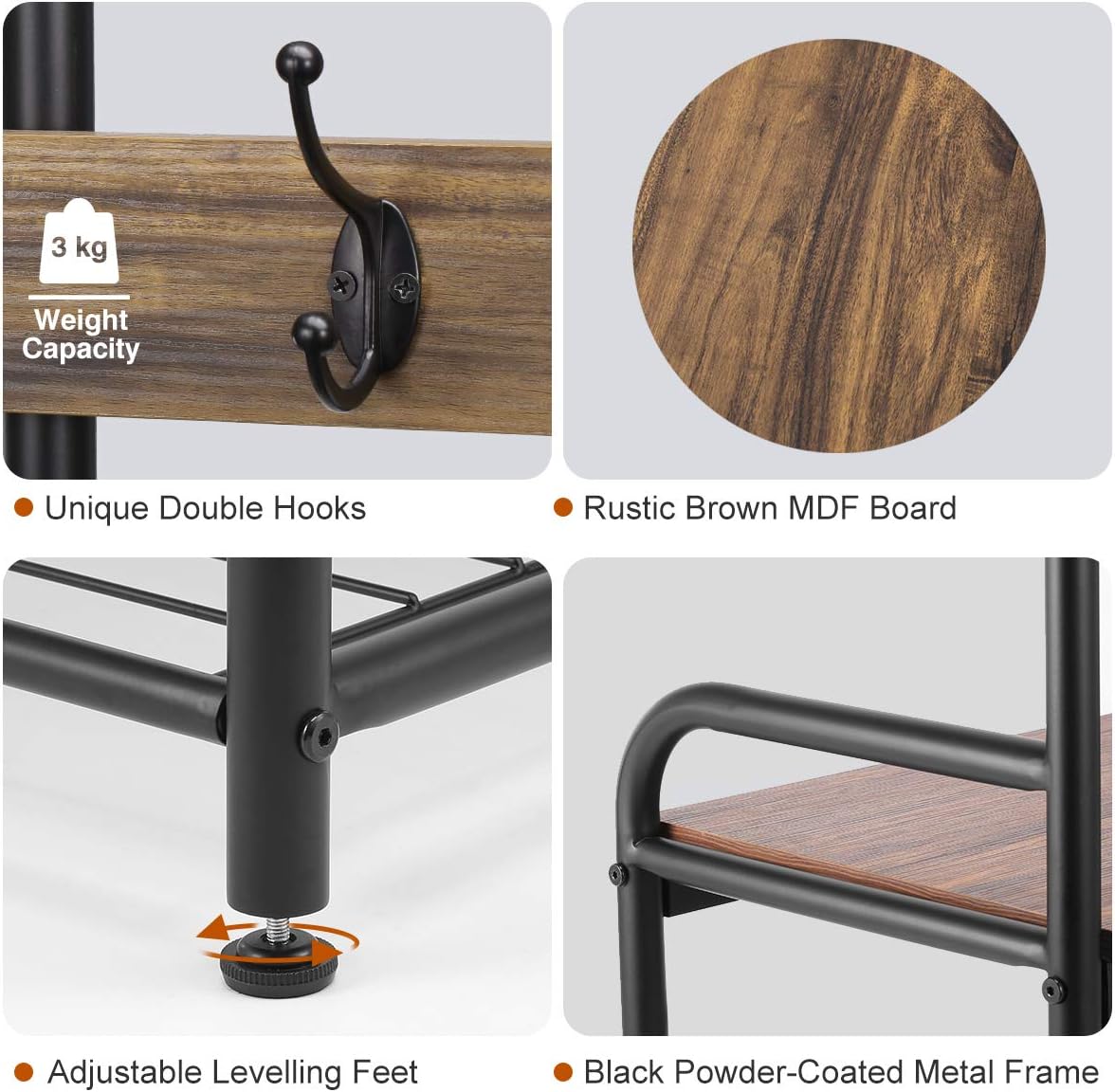 3-in-1 Entryway Coat Rack, LANGRIA Vintage Metal and Wood Hall Tree with Storage Bench Shoe Rack Entryway Storage Shelf Organizer for Home Bedroom Office Clothes Hats: Home Improvement