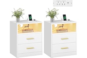 VASAGLE Custos Collection - Set of 2, 40.1 cm Wide Nightstands with Charging Station, LED Lights, Modern Night Stands, Side E
