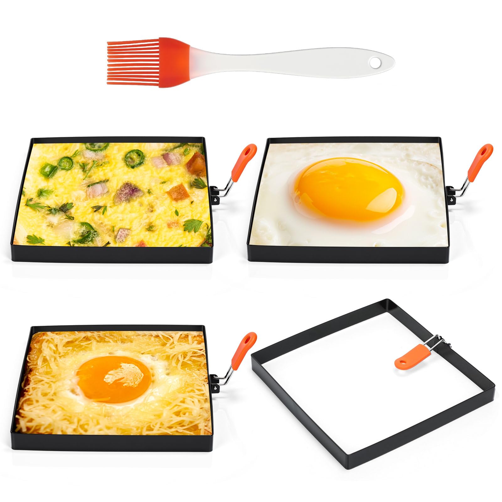 Photo 1 of Patelai 4 Pcs Square Egg Rings 8 Inch Large Stainless Steel Frying Egg Molds Griddle Pancake Shapers with Orange Silicone Handle Oil Brush for Household Breakfast Omelette Sandwich Cooking Tool