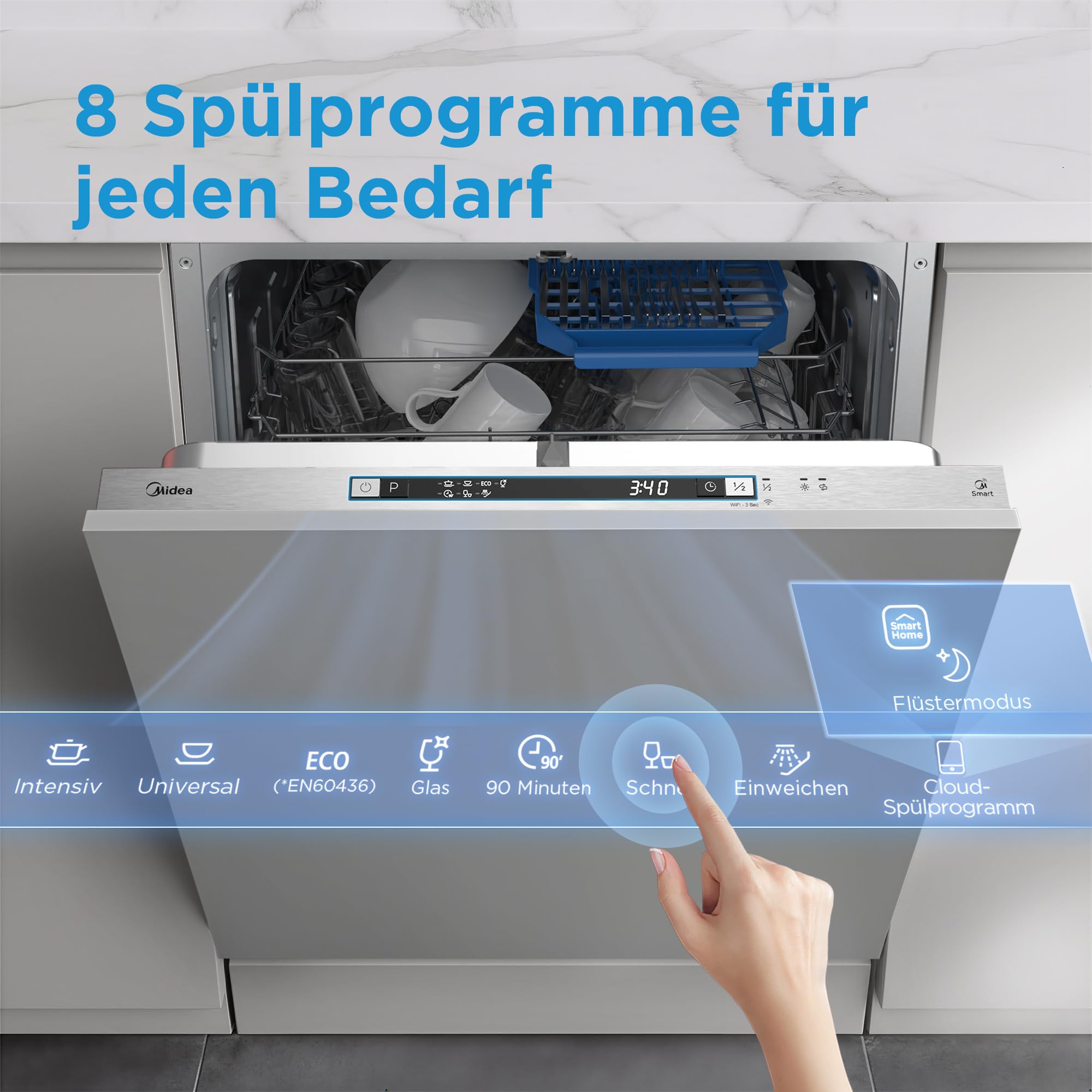 Midea SV 4.60 wi Geschirrspüler Vollintegriert 60cm, 14 Maßgedecke, 8 Programme, Automatische Türöffnung, LED Display, Leise, Vollwasserschutz, Spülmaschine Unterbaufähig 6
