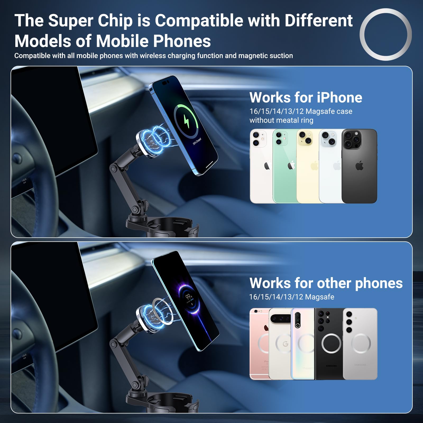 This Hill for Magnetic Cup Holder Charger, 360° Rotating Wireless Magnetic Car Charger, Fast Charging Phone Holder for iPhone 16 15 14 13 12 and Samsung Galaxy S20 Above Series [with QC 3.0 Adapter]