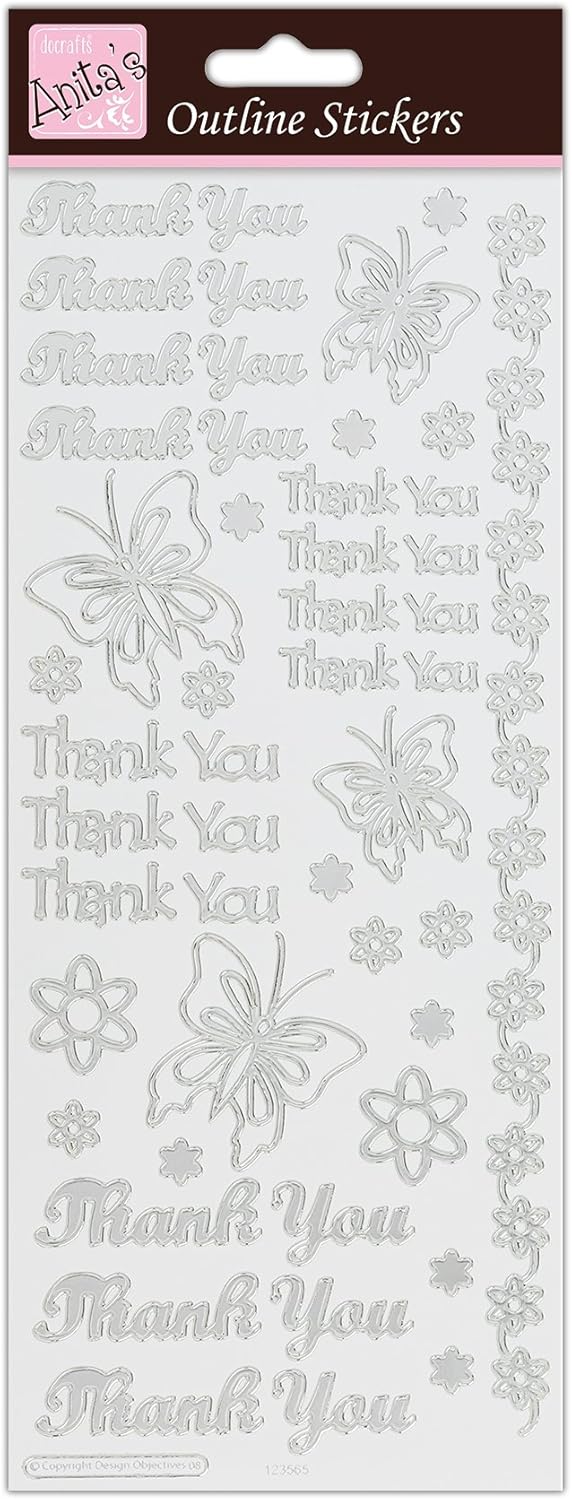 Anitas Outline Stickers, Thankyou, Silver on White, for Scrapbooking Card Making, Kids Play, Homework, Art, Craft, Embelish