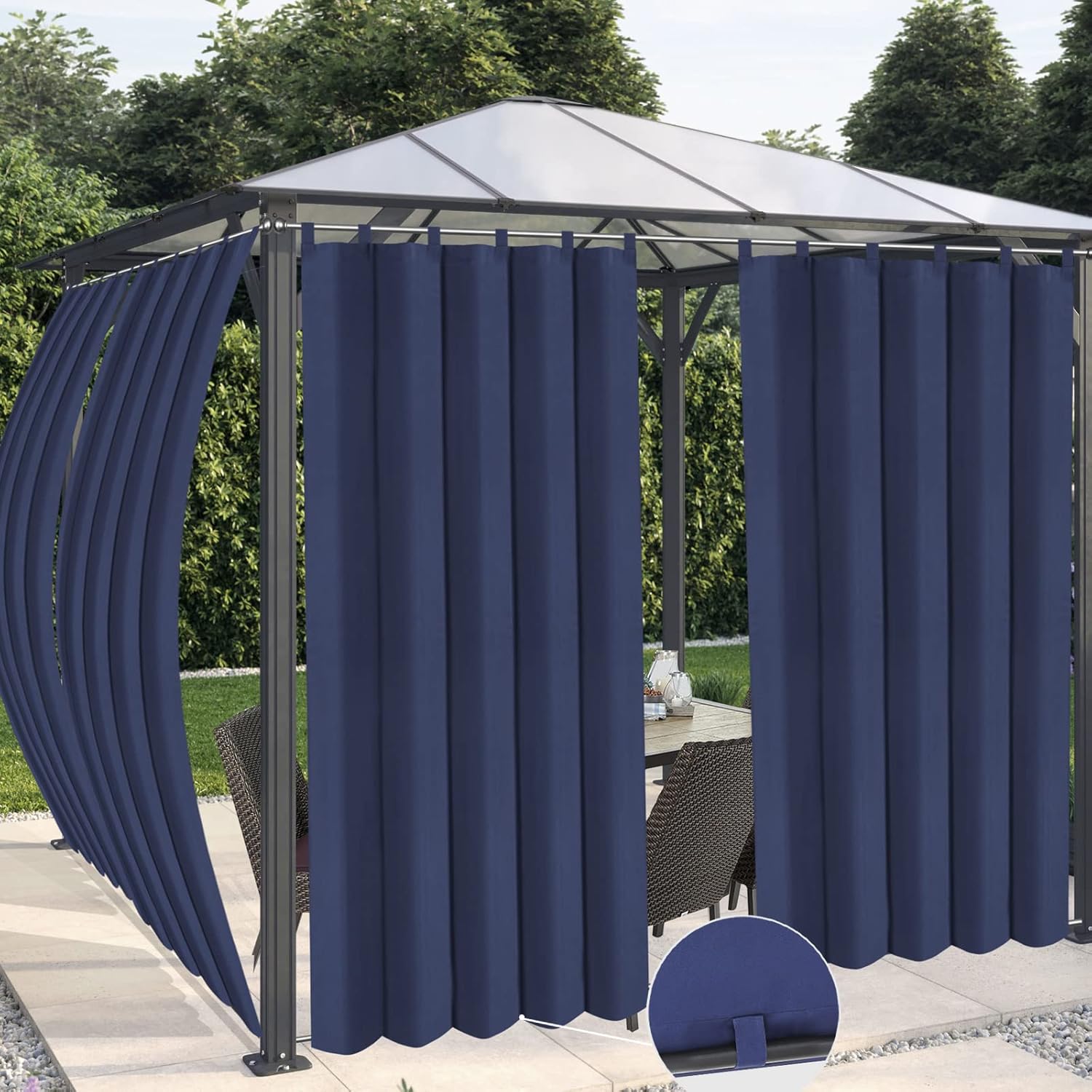 Outdoor Curtains - OutdoorLines Waterproof Outdoor Curtains for Patio - Windproof Tab Top Gazebo Curtain Panels - Privacy Sun Blocking Outside Curtain Set for Porch, Pergola and Cabana 54 x 84 inch, Navy Blue, 2 Panels