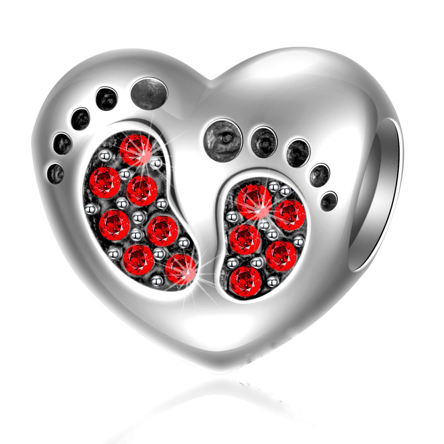 Baby Footprint Heart Charms - 925 Sterling Silver January/July Birthstone Crystals - Boy/Girl Birth Feet Beads, Fit Pandora Valentines Bracelet, Gift for Sister/Friends/Birthday — image 1