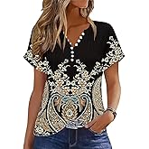 Soesdemo Short Sleeve Shirts for Women V Neck Button Down Floral Soft Boho Womens Blouses Casual Loose Fit Peasant Blouse