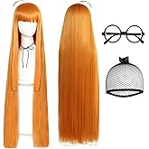 ANOGOL Hair Cap+1 Pair of Glasses 108 cm Long Orange Wig for Women Long Straight Orange Wig with Bangs for Anime Cosplay Striaght Ginger Hair Wigs for Halloween Party Game Character Anime Event