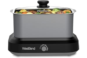West Bend 87906 Slow Cooker, Large-Capacity Non-Stick Vessel with Variable Temperature Control, Travel Lid and Thermal Carrying Case, 6 Qt, Silver