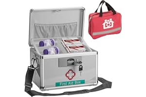 GODLONSEN Medicine Lock Box, Medication Lock Box With Key, Medicine Safe Storage, 11.2 x 7.6 x 7.6 Inch 【Medium】+ First Aid Bag - Silver