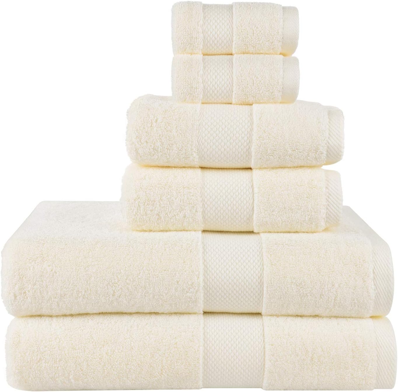 Wonwo 100% Cotton Towel Sets, 600 GSM Luxury Bath Towels 6 Piece Set - 2 Bath Towels, 2 Hand Towels, and 2 Washcloths - Cream: Kitchen & Dining