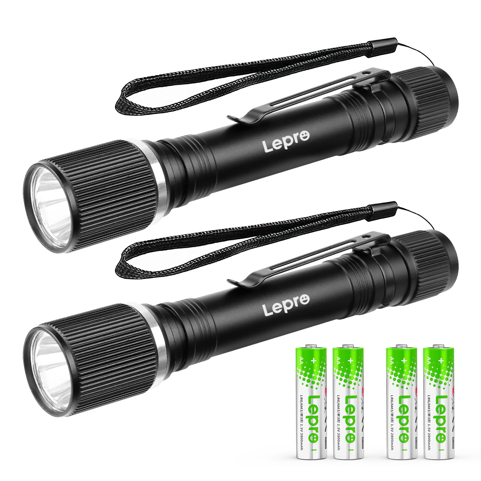 Lepro LED 懐中電灯 小型 2個入り【高輝度/明るさ300ルーメン/3段階調光/単三電池式/防水/アルミ合金製/高耐久】 携帯便利 作業 防災 ライト ハンディライト 2本単三電池対応 電池付属 家庭用 防犯 アウトドア キャンプ 防災 非常用