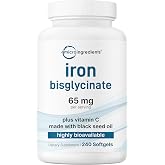 Micro Ingredients Ferrous Iron Bisglycinate 65 mg Per Serving, 240 Softgels | Chelated Iron Supplement with Vitamin C. Made with Black Seed Oil. For Women &amp; Men. Non-GMO, Gluten Free, 3rd Party Tested.